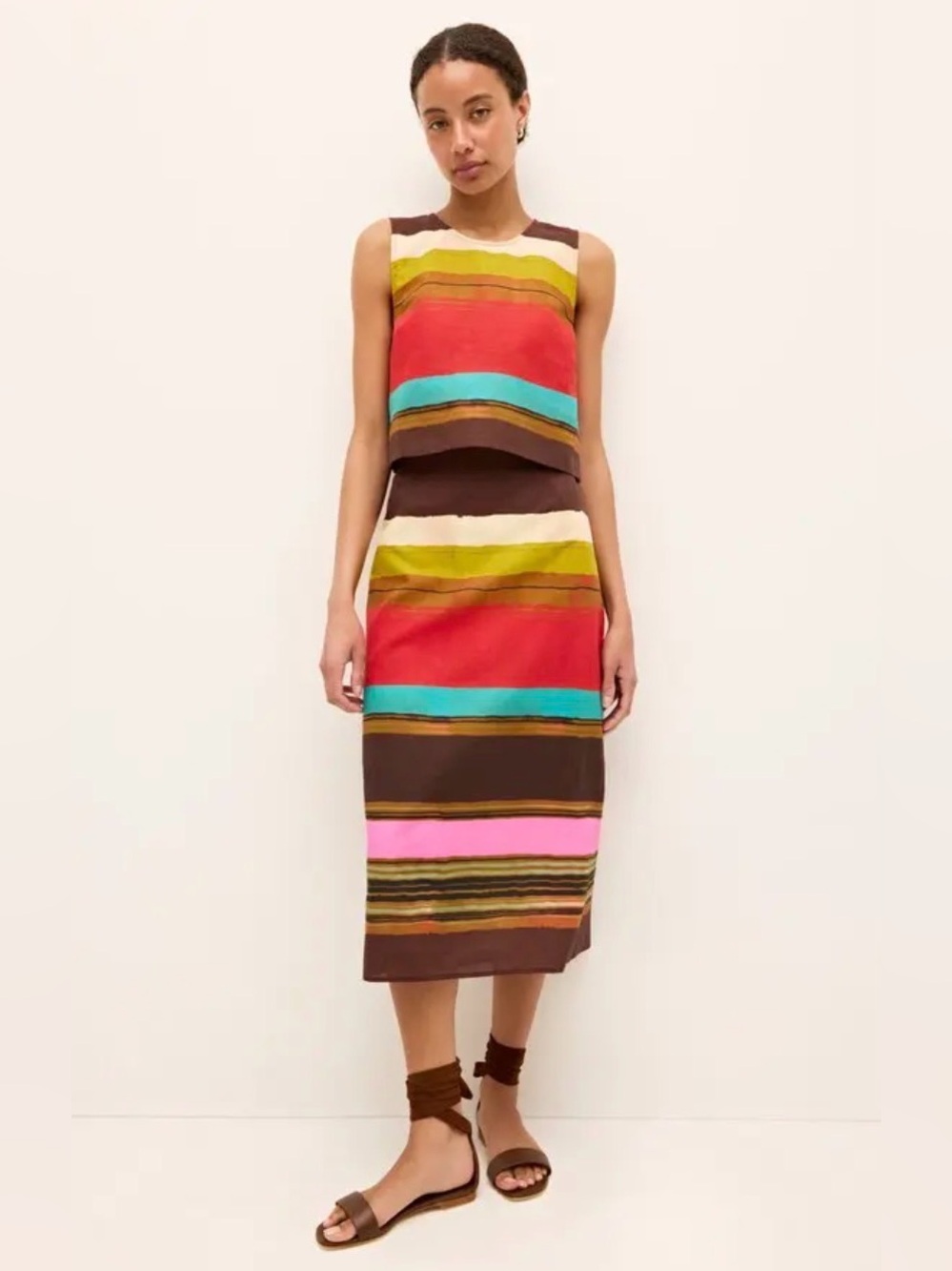 Marie Oliver Sleeveless Multicolor Striped Top and Midi Skirt Set Size 8